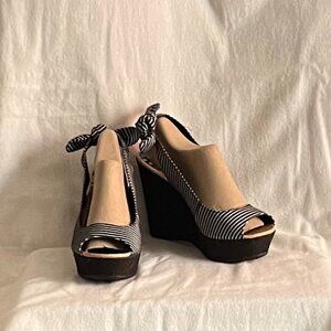 Rocketdog Black/White Stripe Black Denim Wedge Sandals